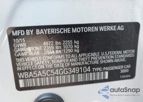 2016 BMW 528I from USA, damaged, VIN WBA5A5C54GG349104